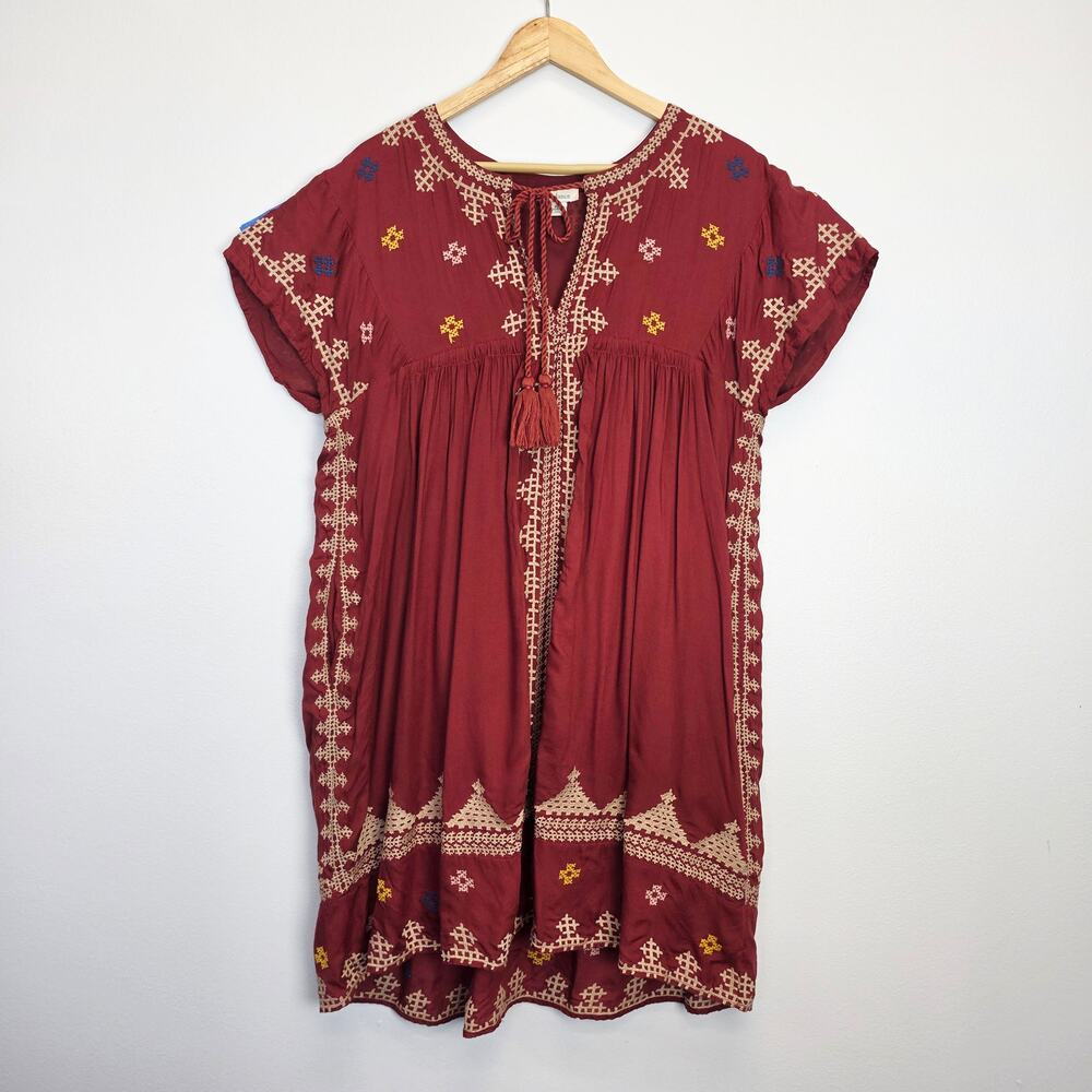 Sundance Embroidered Tunic Mini Dress Rust Burgundy Floral Boho Peasant Sz PL